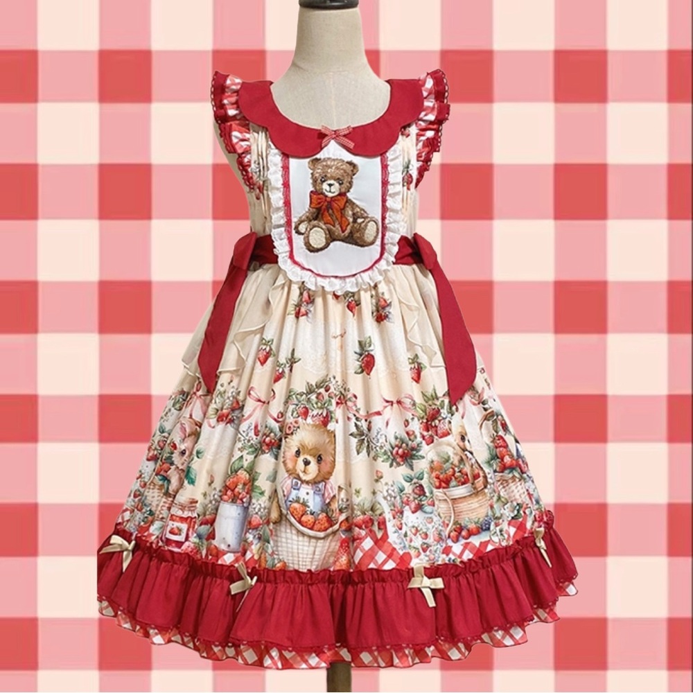 NWT December Strawberry Bear Print Lolita JSK Red & Cream Gingham EGL Dress Sz L